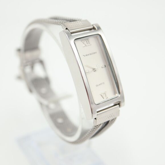 Vernier Womens Silver Tone Watch 18mm Slim Rectangle Mesh Strap with New Battery - Picture 9 of 16